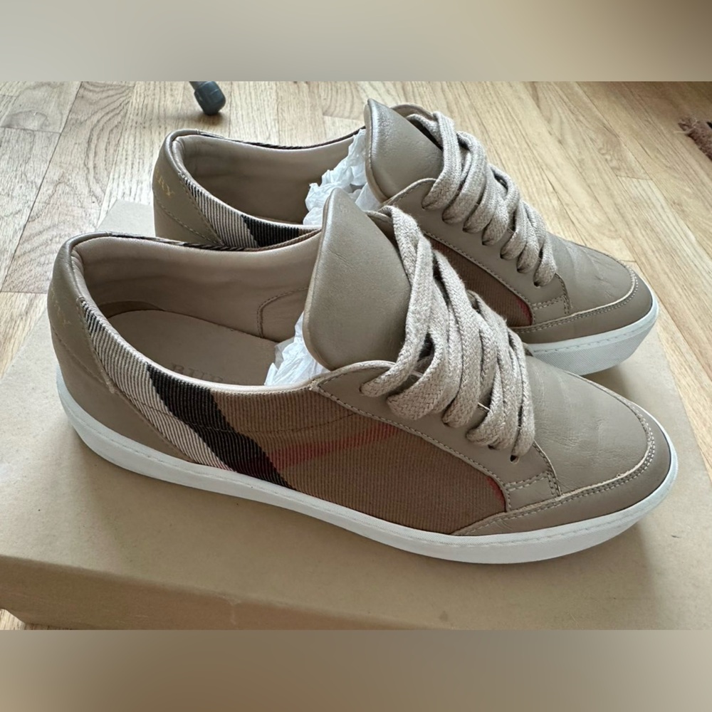 Burberry Women’s Check and Leather Beige Sneakers, size 6.5 (lightly worn)